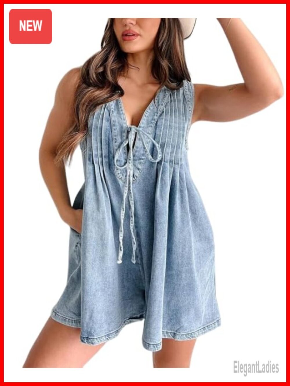 Sleeveless Denim Dress Tie Front Ruffle Jean Dress Casual V Neck